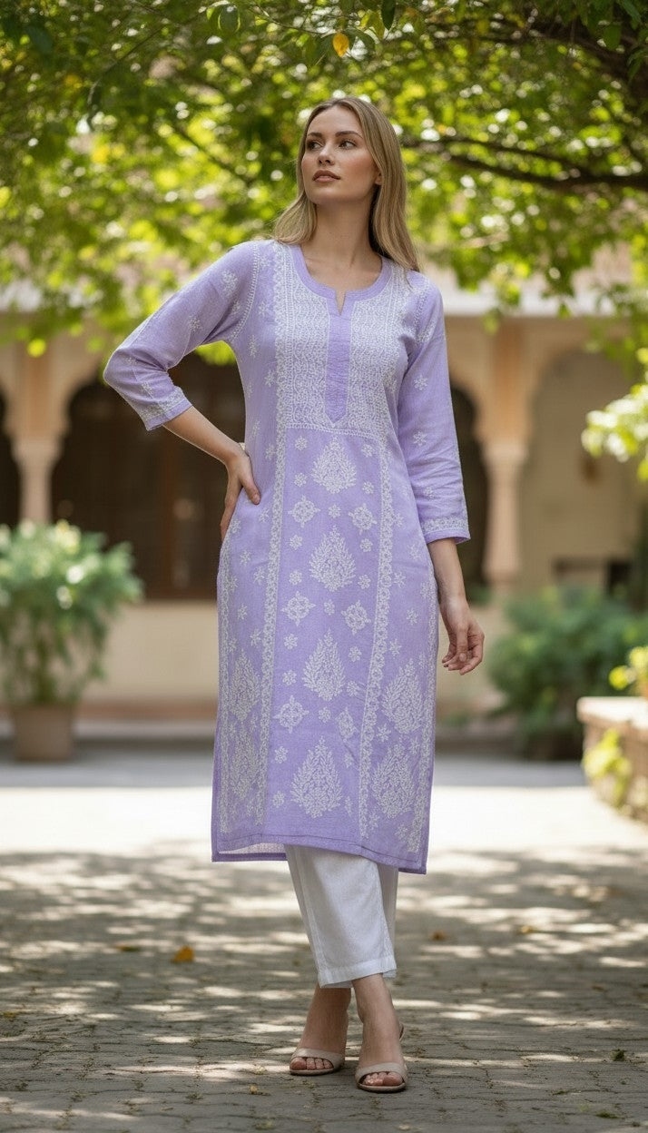 MONALISA Linen Chikankari Kurti – Authentic Lucknow Hand Embroidery