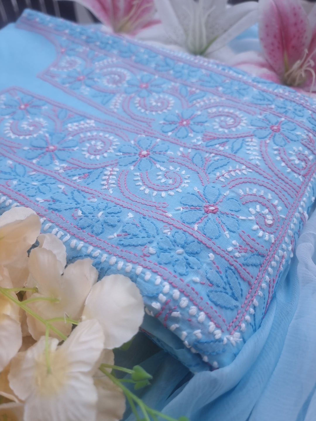 Lucknow Chikankari Hand Embroidered Cotton Dress Material with Tri-Color Motifs & Pure Chiffon Dupatta