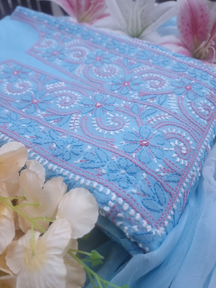 Lucknow Chikankari Hand Embroidered Cotton Dress Material with Tri-Color Motifs & Pure Chiffon Dupatta