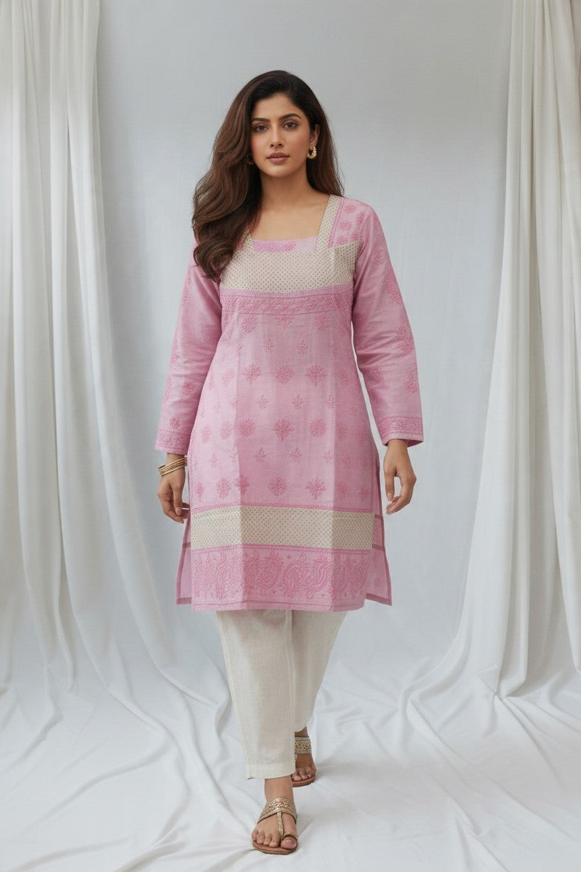 Saira Non Transparent - Soft Chanderi chikankari medium length kurti |36-38" approx