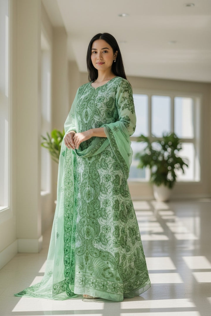 Unstitched Georgette Chikankari Dress Material | Hand Embroidered Kurta, Bottom & Dupatta