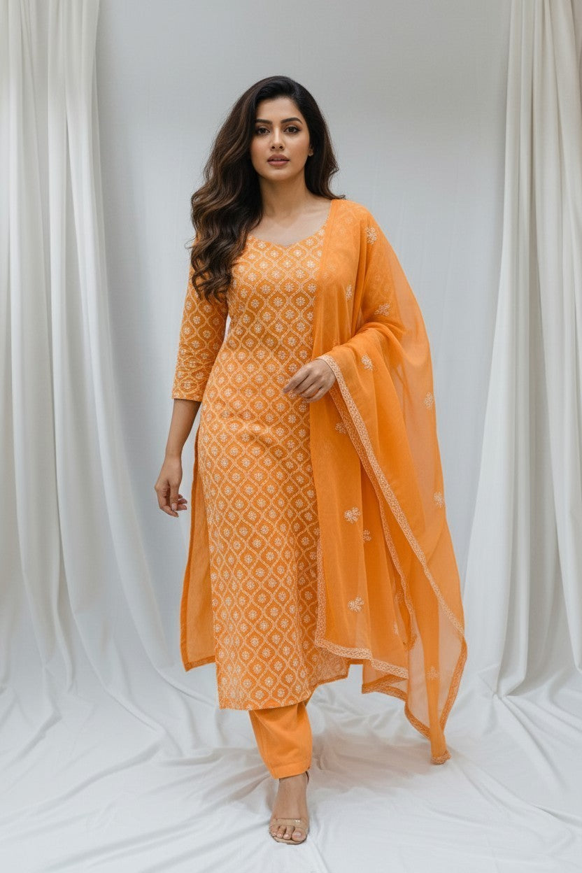 Unstitched Georgette Chikankari Dress Material | Hand Embroidered Kurta, Bottom & Dupatta