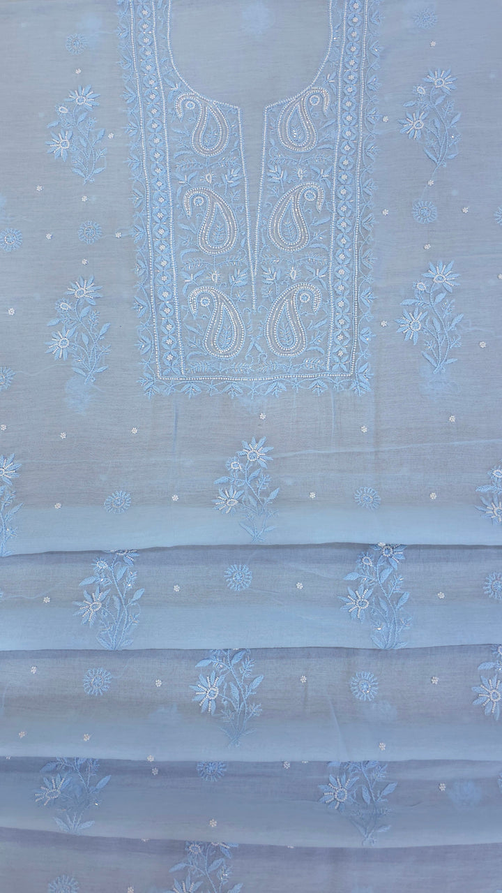 Hiba Premium Mul Chanderi Supersoft Dyeable Chikankari Dress Material | Hand Embroidered with Pearls & Cutdaana | Kurta & Dupatta Set