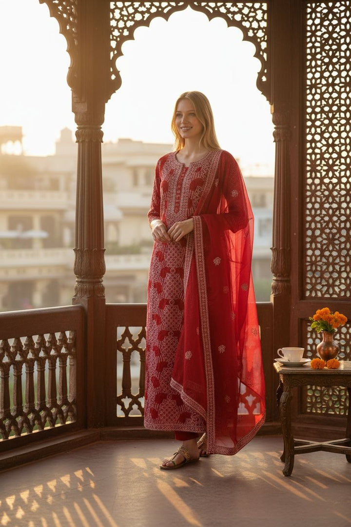 Unstitched Georgette Chikankari Dress Material | Hand Embroidered Kurta, Bottom & Dupatta