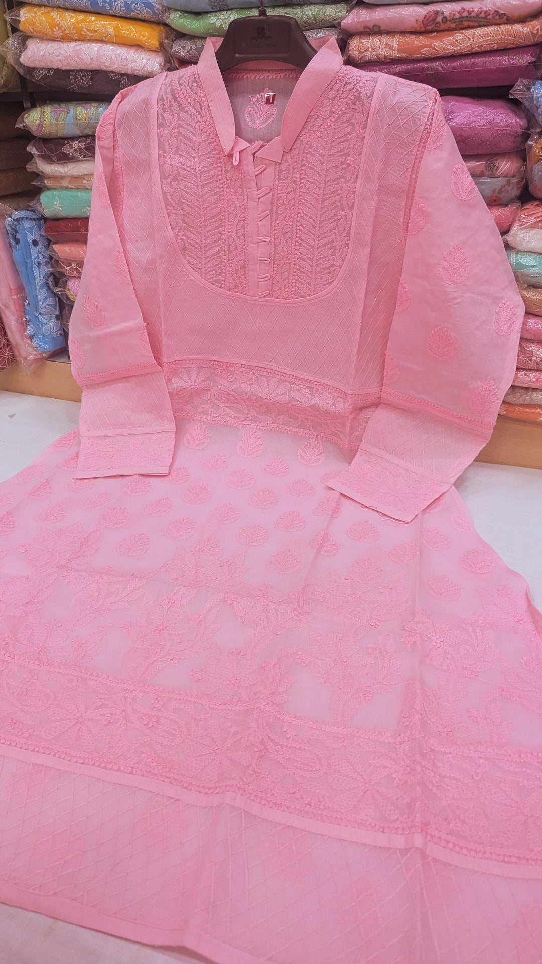 Cotton Lucknowi Chikankari 46" Long A-line Kurti | 100% Hand Embroidered| No Shrinkage