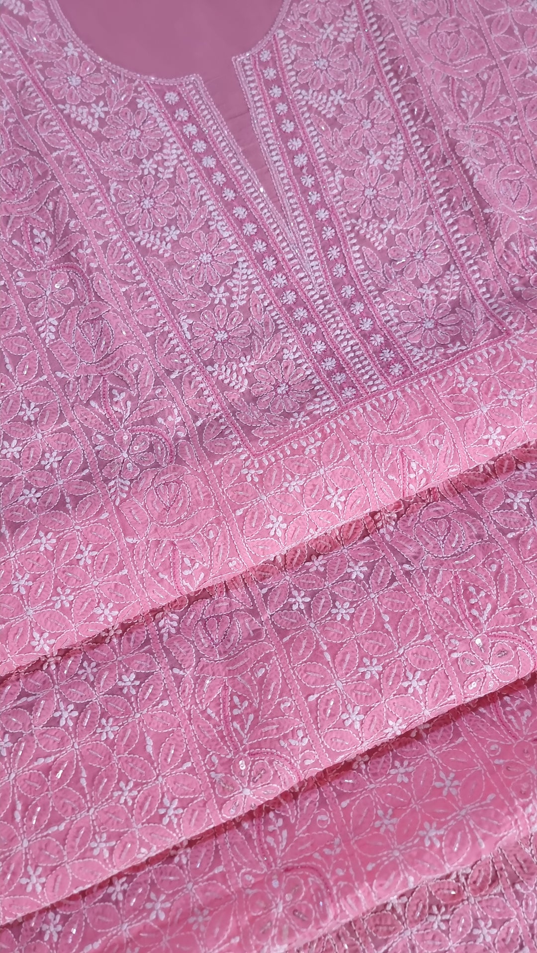 Unstitched Cotton Hand Embroidered Chikankari Dress Material with Cutdana, Resham & Badla Work | Pure Chiffon Dupatta | Lucknowi Artistry