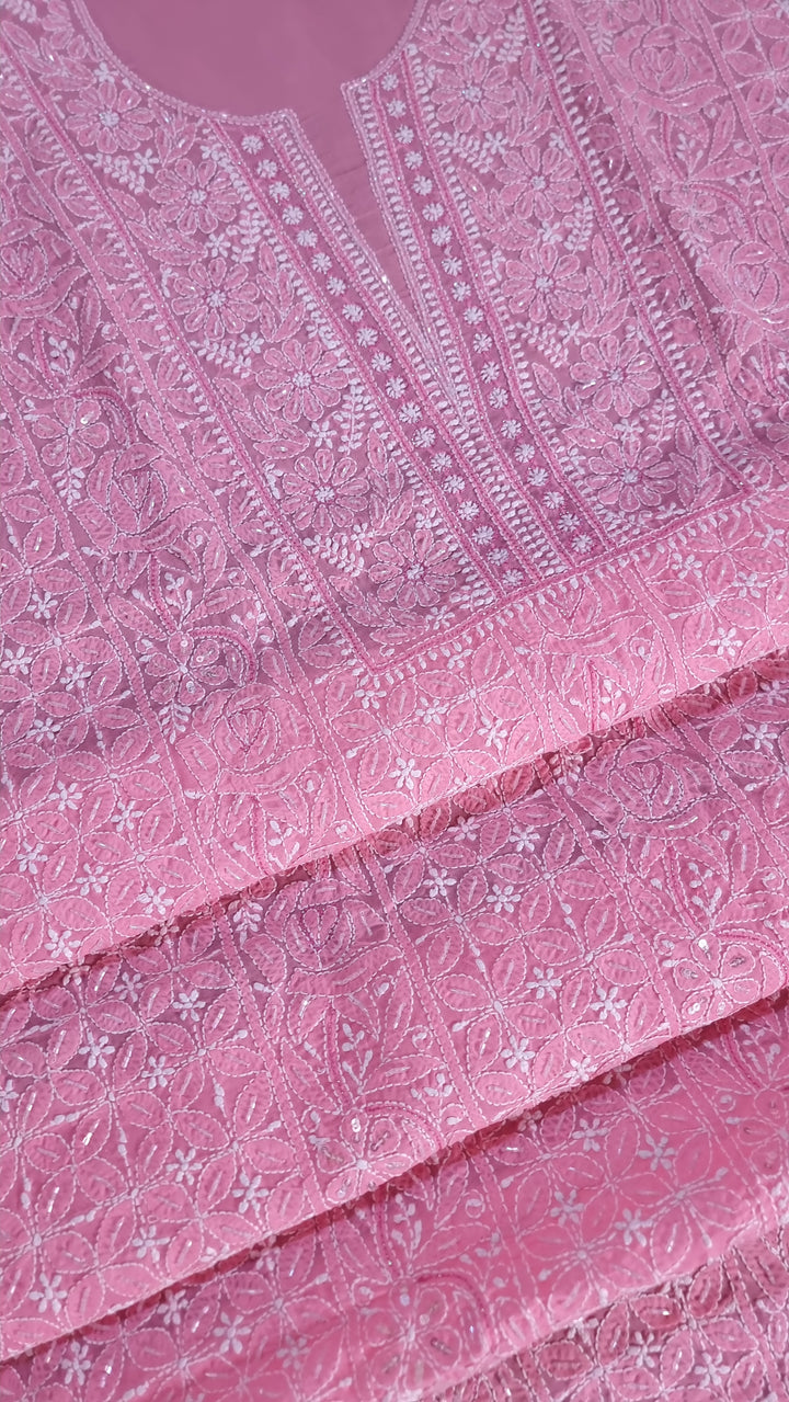Unstitched Cotton Hand Embroidered Chikankari Dress Material with Cutdana, Resham & Badla Work | Pure Chiffon Dupatta | Lucknowi Artistry