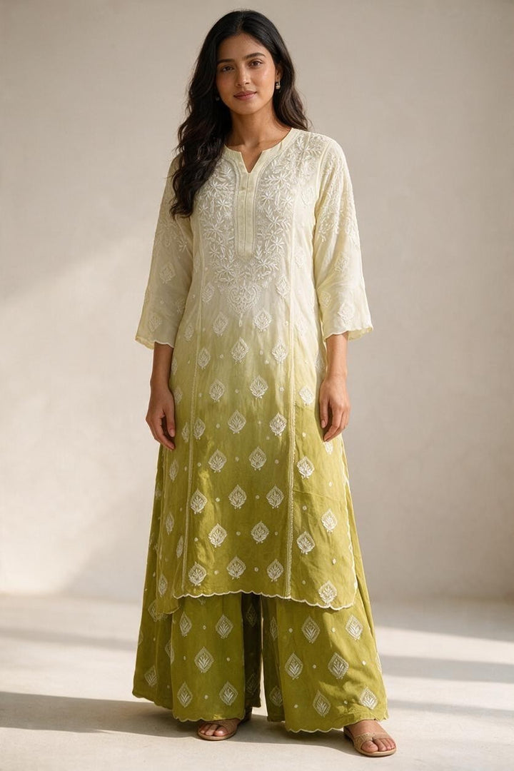 Luxe-Pure crepe luxurious kurti sharara set with *2 taar chikankari work*