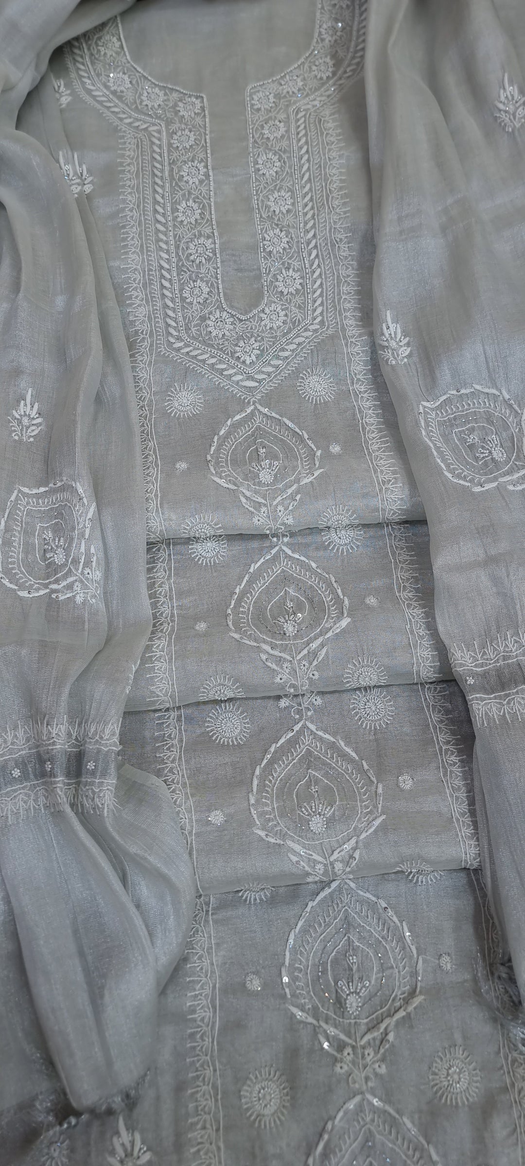 "2-Taar Hand Embroidered Chikankari Tissue Kurta & Dupatta Set – Cutdaana & Kasab Embellished | Paridhan Chikan"