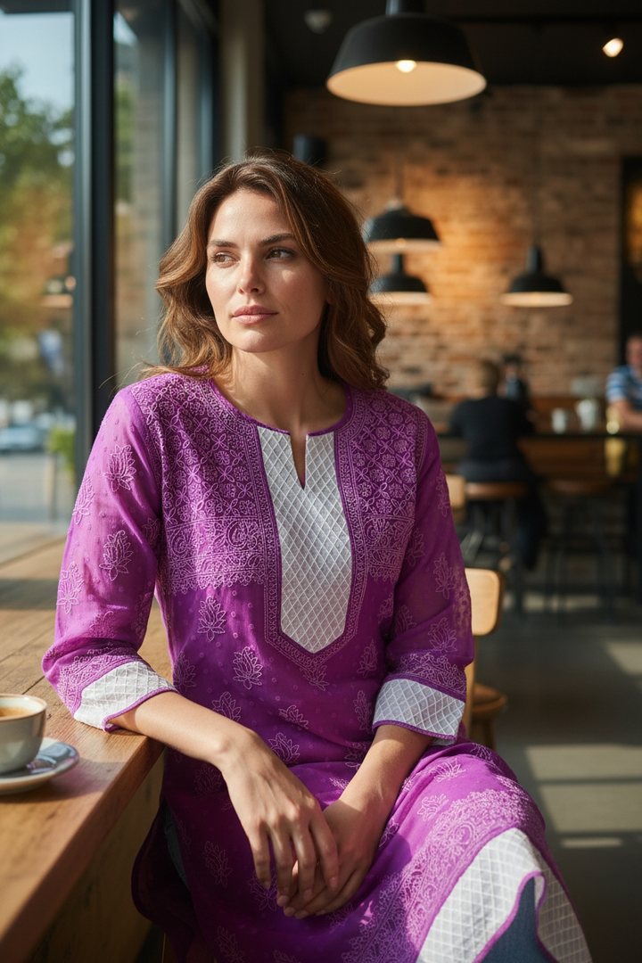 Women’s Georgette Chikankari Kurti – Designer Hand Embroidered Lucknowi Craft by Paridhan Chikan
