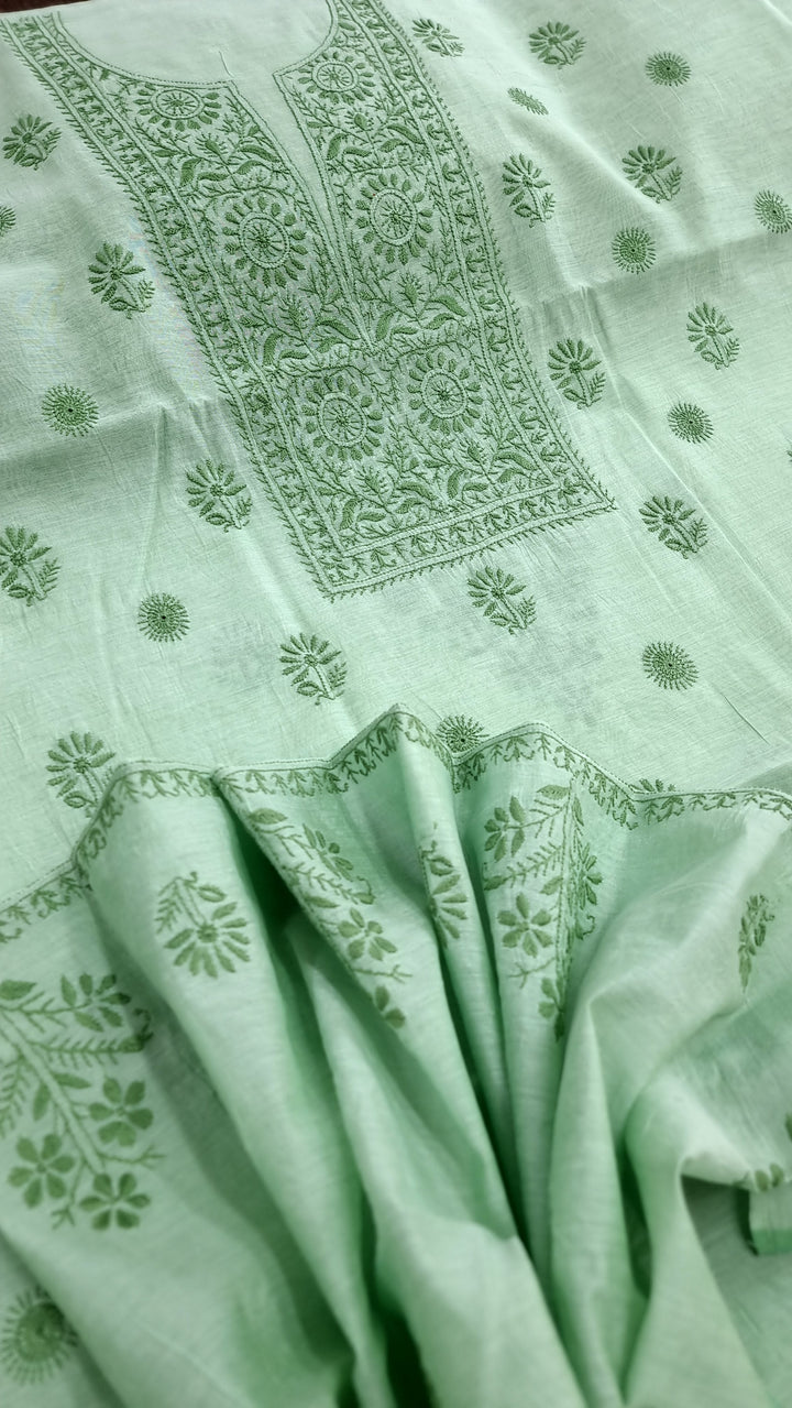 Soft Green Color Chanderi Hand Embroidered 2-Taar Chikankari Kurta & Dupatta Set | Paridhan Chikan