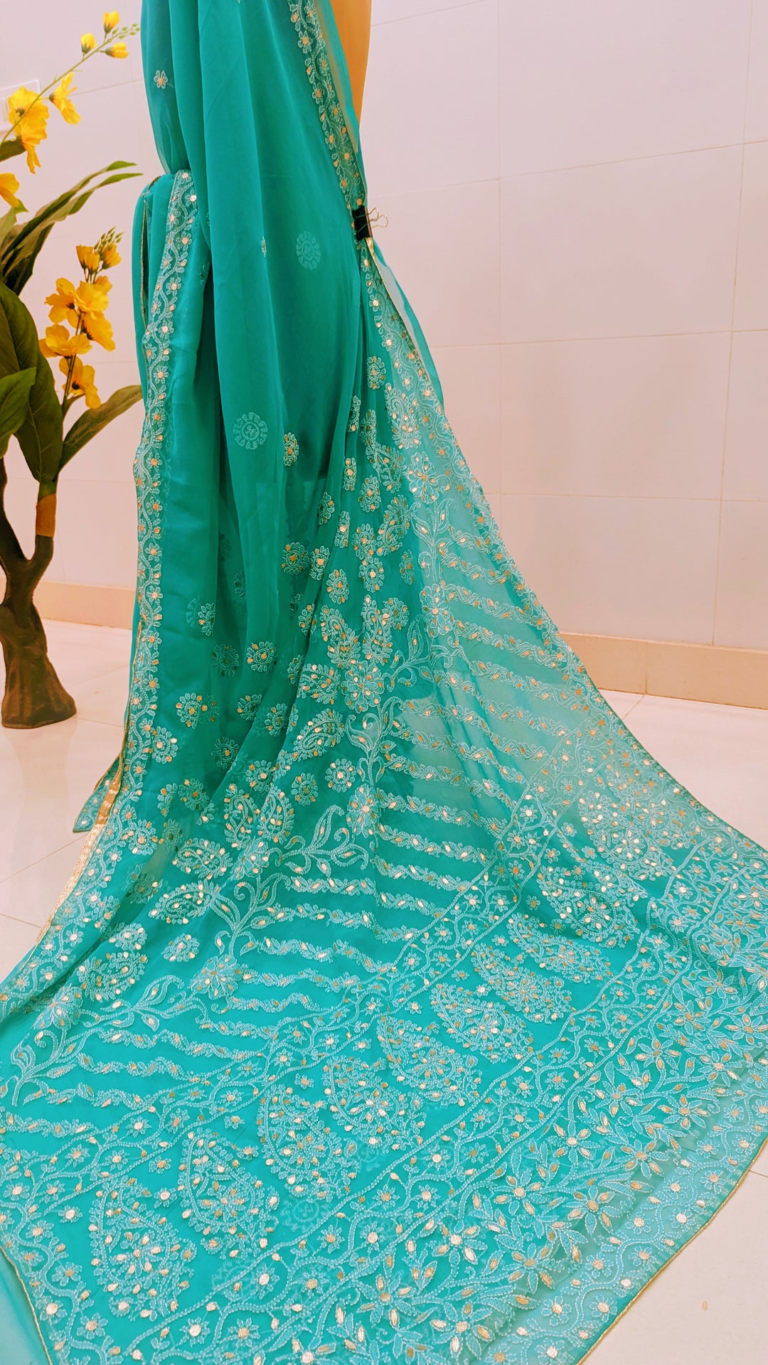 Embellished with Gota Patti | Hand Chikankari Faux Georgette Saree | Lucknowi Embroidery | Designer Festive Wear by Paridhan Chikan