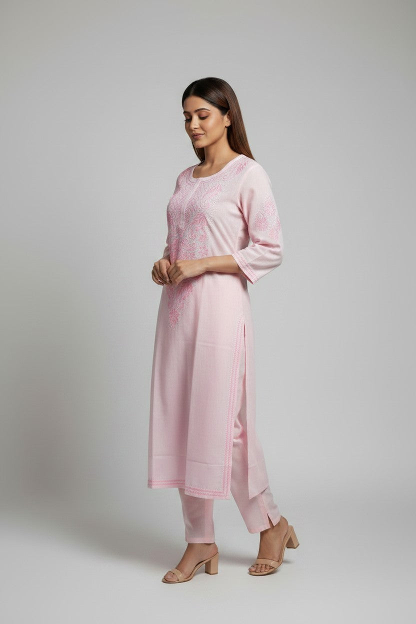 Pure Cotton Linen Lucknowi Chikankari Long Kurti | 100% Hand Embroidered | Non-Transparent | No Shrinkage