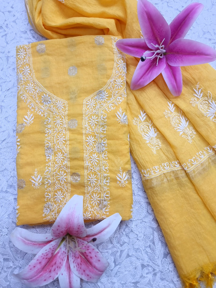 Pure Mul Chanderi Jacquard 2 Taar Hand Embroidered Chikankari Unstitched Kurta (3 M) with Dupatta (2.5 M) – Lucknowi Festive Collection