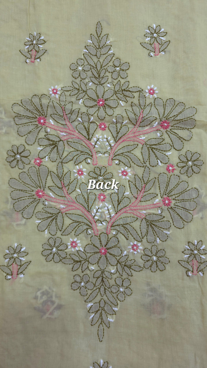 Lucknow Chikankari Hand Embroidered Cotton Dress Material with Tri-Color Motifs & Pure Chiffon Dupatta