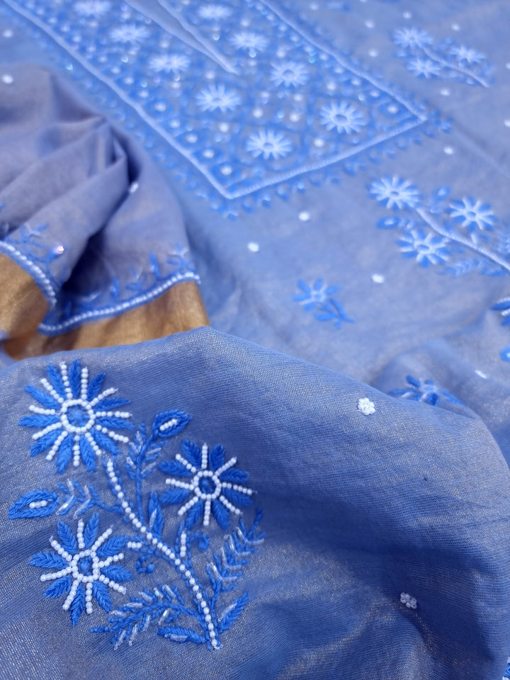 Soft Tissue Chikankari Unstitched Dress Material | 3 Taar Hand Embroidery with Pearl & Cutdana Work + Golden Border Dupatta