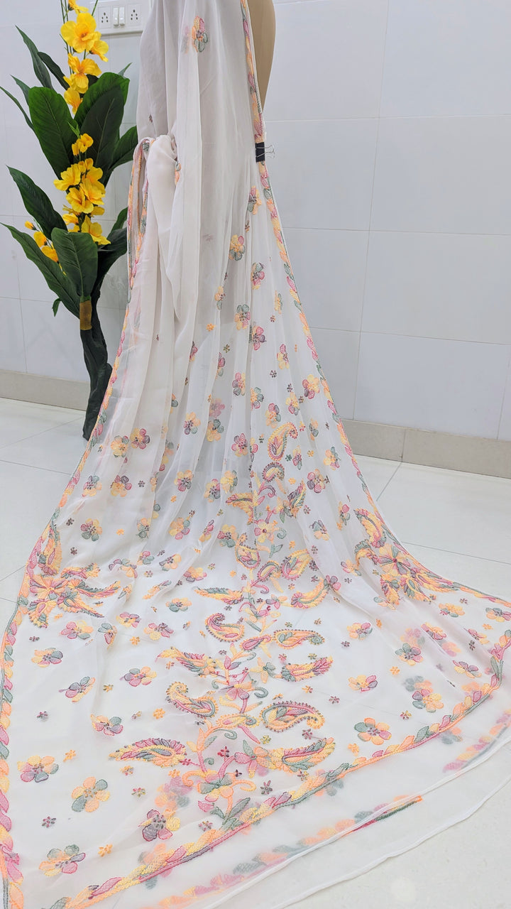 Faux Georgette Hand Chikankari Saree with Exclusive Border & Palla Design | Embroidered Blouse Included | Authentic Lucknow Handicraft by Paridhan Chikan