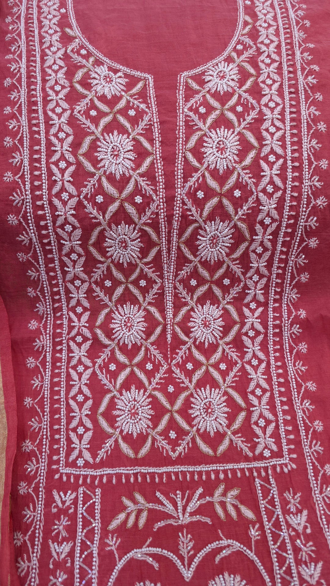 Premium Mul Chanderi Pearl, Cutdana & Kasab Hand Embroidered Unstitched Suit Set