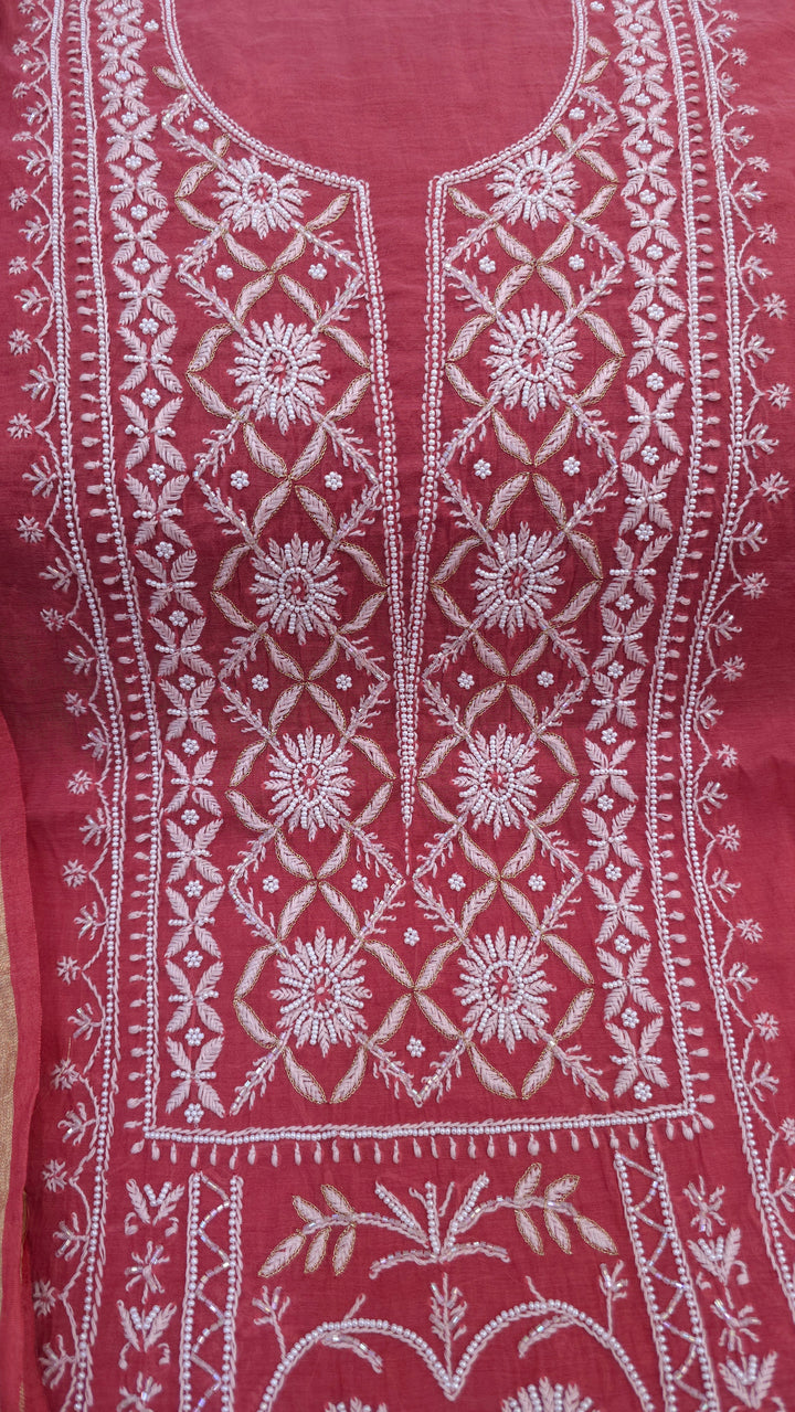 Premium Mul Chanderi Pearl, Cutdana & Kasab Hand Embroidered Unstitched Suit Set