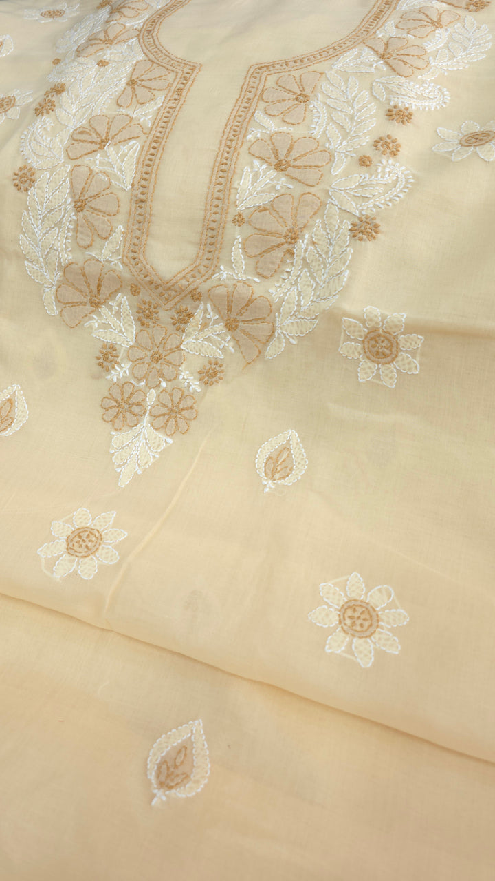 Paridhan Chikan Premium Cool Cotton Chikankari Dress Material Set with Hand Embroidered Kurta, Bottom & Chiffon Dupatta with Handmade Crochet Border