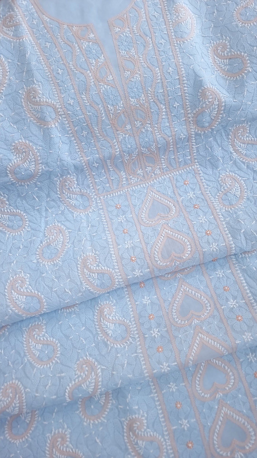 Lucknow Chikankari Hand Embroidered Cotton Dress Material with Tri-Color Motifs & Pure Chiffon Dupatta