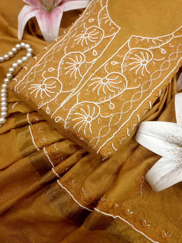 Soft Tissue Chikankari Unstitched Dress Material | 3 Taar Hand Embroidery with Pearl & Cutdana Work + Golden Border Dupatta