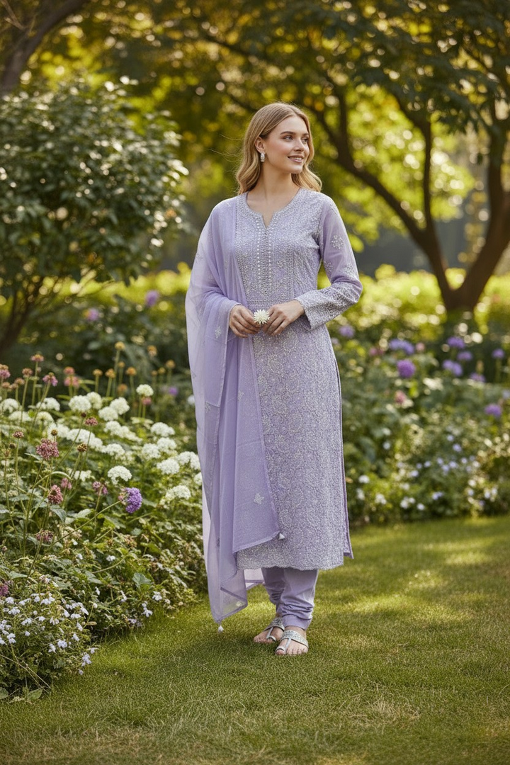 Unstitched Georgette Chikankari Dress Material | Hand Embroidered Kurta, Bottom & Dupatta