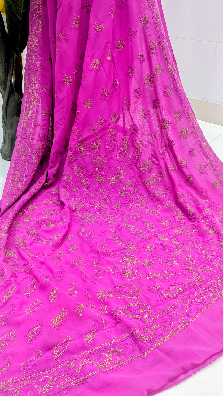 Faux Georgette Hand Chikankari Saree with Exclusive Border & designer Palla Design | Embroidered Blouse Included | Authentic Lucknow Handicraft by Paridhan Chikan