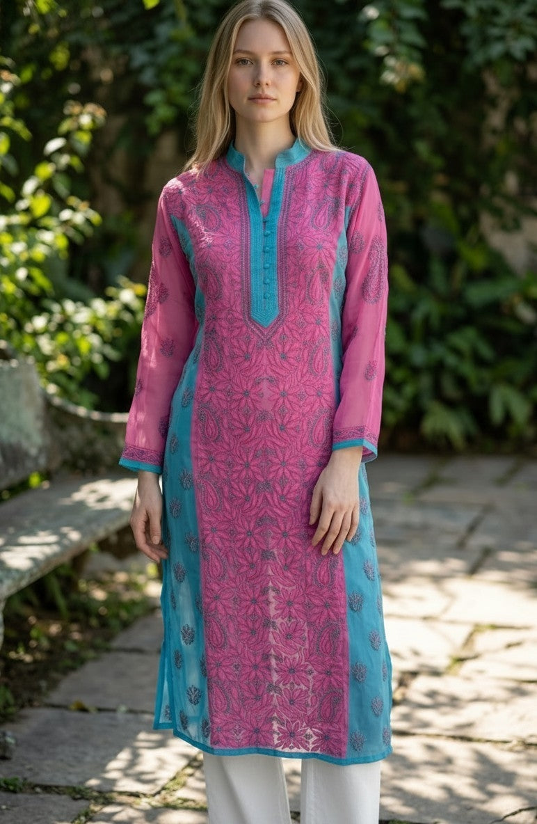 Dual Shade Georgette Lucknowi Chikankari Kurti – Hand Embroidered 48" approx long with Shadow & Murri Work, Exclusive Design