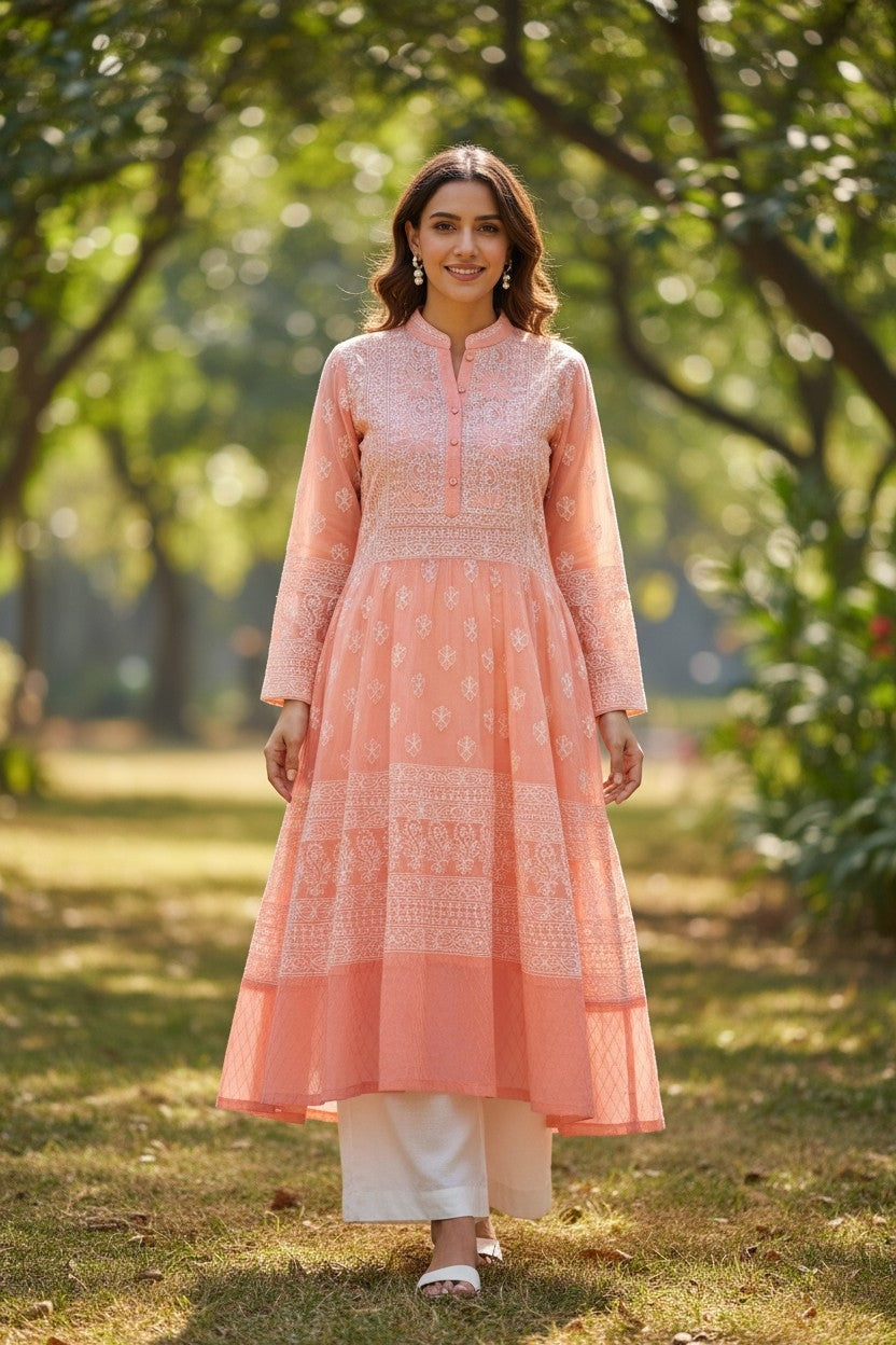 Cotton Lucknowi Chikankari 46" Long A-line Kurti | 100% Hand Embroidered| No Shrinkage