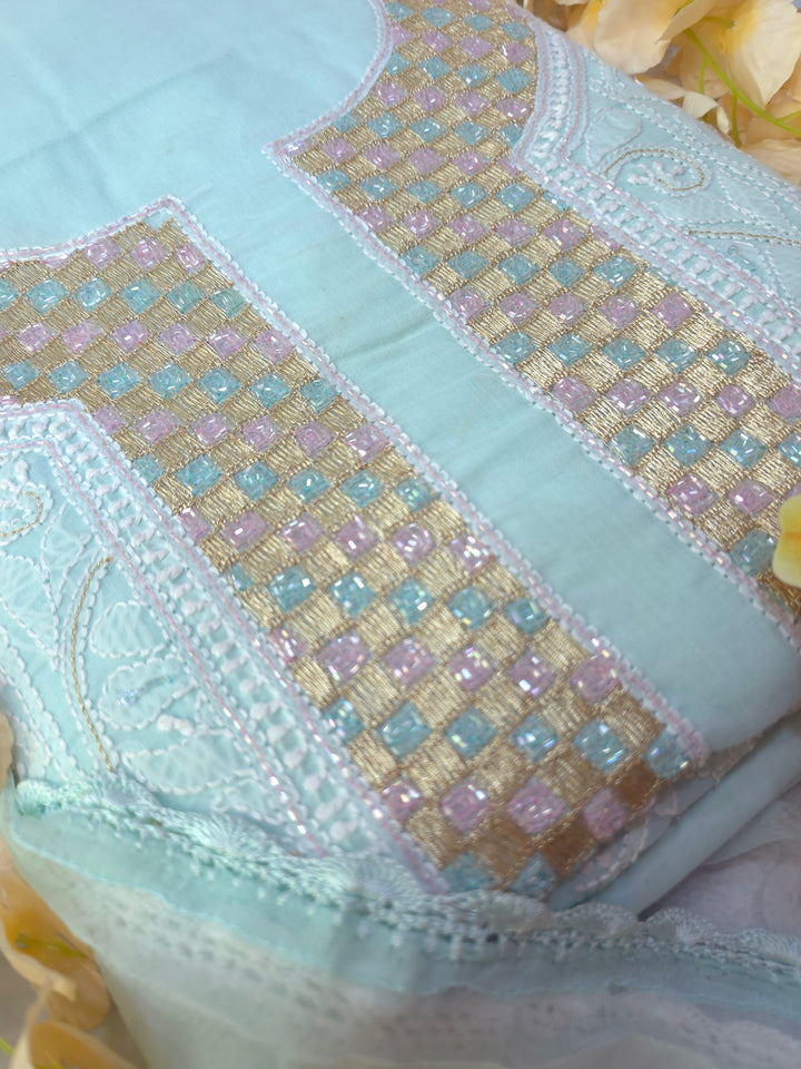 Afreen Premium Hand Embroidered Chikankari Cotton Unstitched Dress Material with Pure Chiffon Dupatta