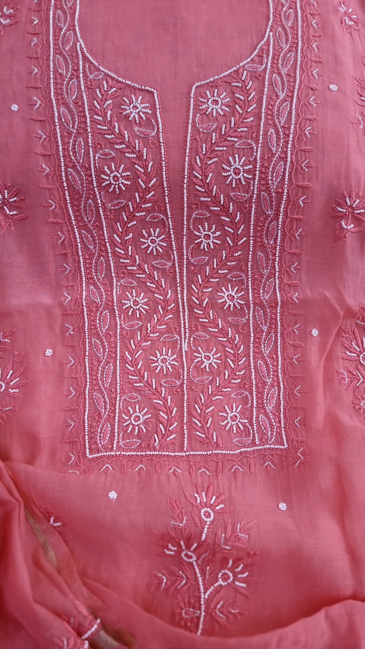 Premium Mul Chanderi Supersoft Dyeable Chikankari Dress Material | Hand Embroidered with Pearls & Cutdaana | Kurta & Dupatta Set