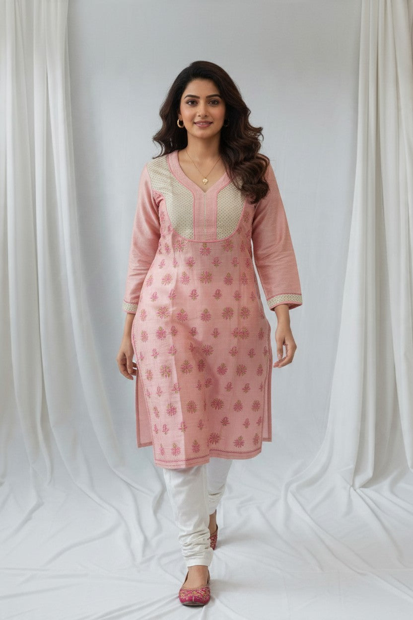 Saira Non Transparent - Soft Chanderi chikankari medium length kurti |36-38" approx