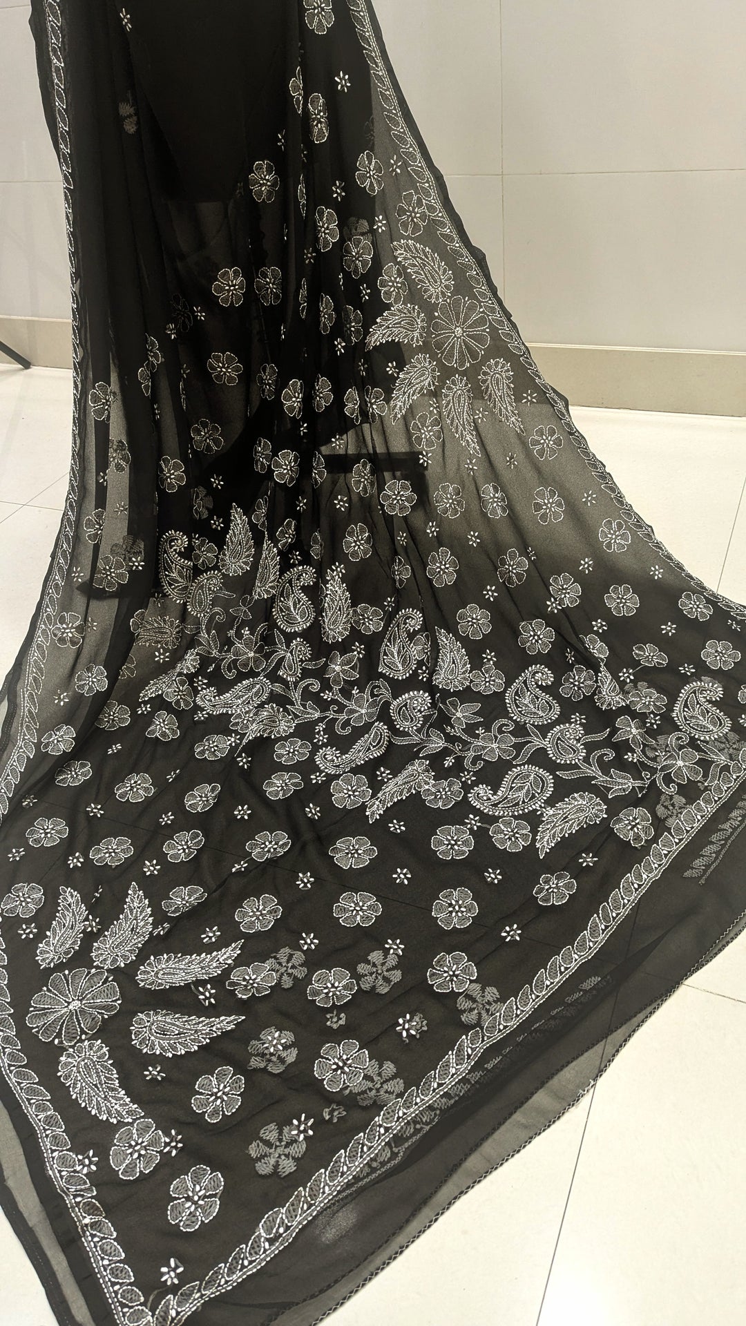 Faux Georgette Hand Chikankari Saree with Exclusive Border & Palla Design | Embroidered Blouse Included | Authentic Lucknow Handicraft by Paridhan Chikan
