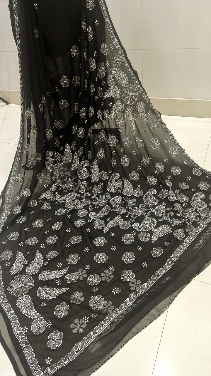 Faux Georgette Hand Chikankari Saree with Exclusive Border & Palla Design | Embroidered Blouse Included | Authentic Lucknow Handicraft by Paridhan Chikan