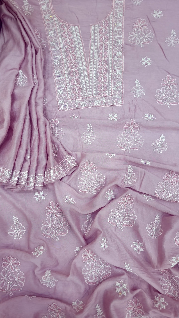 Lucknowi Chikankari Chanderi Fabric – Hand-Embroidered Kurta & Dupatta with Pearl, Resham & Badla Work