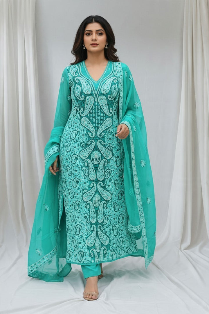 Unstitched Georgette Chikankari Dress Material | Hand Embroidered Kurta, Bottom & Dupatta