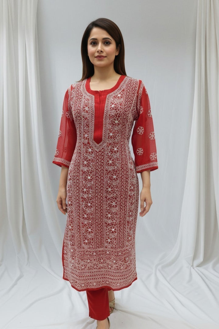 Raha Women’s Georgette Chikankari Kurti –Pearl, mirror n aari work -Designer Hand Embroidered Lucknowi Craft by Paridhan Chikan