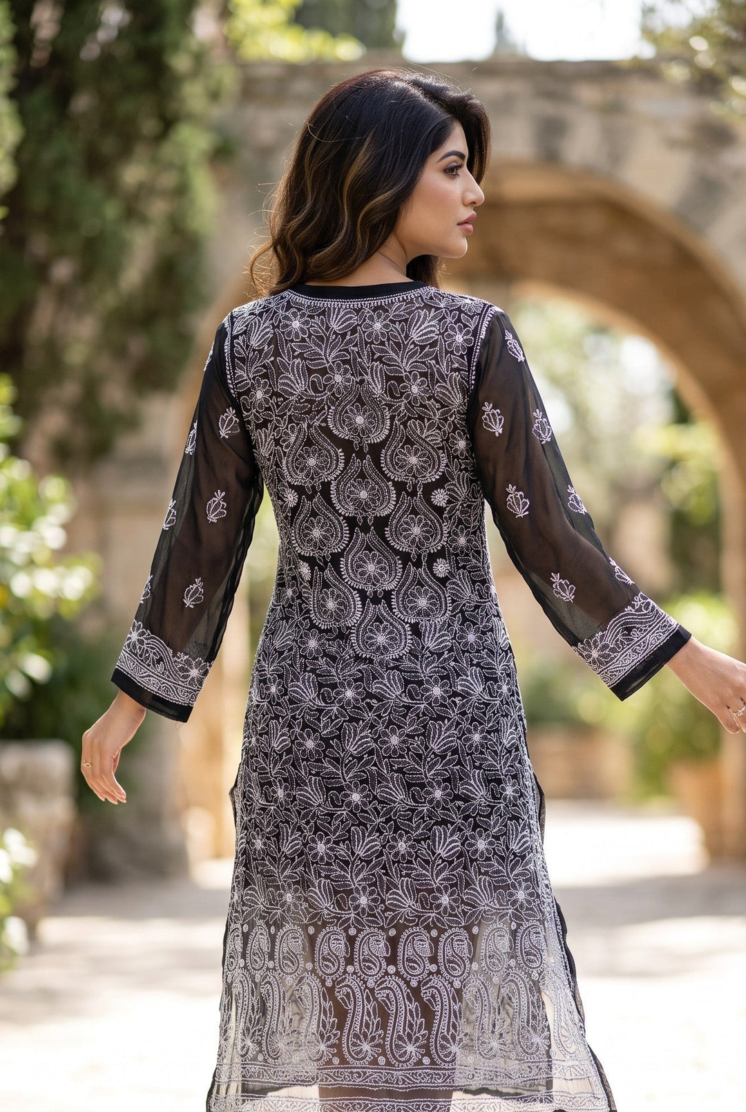 Georgette Lucknowi Chikankari 46" Long- front n back full embroidered Kurti | 100% Hand Embroidered| No Shrinkage