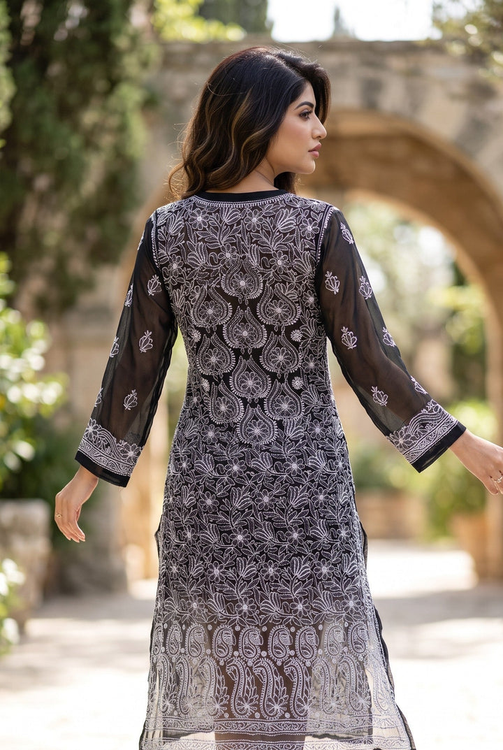 Georgette Lucknowi Chikankari 46" Long- front n back full embroidered Kurti | 100% Hand Embroidered| No Shrinkage