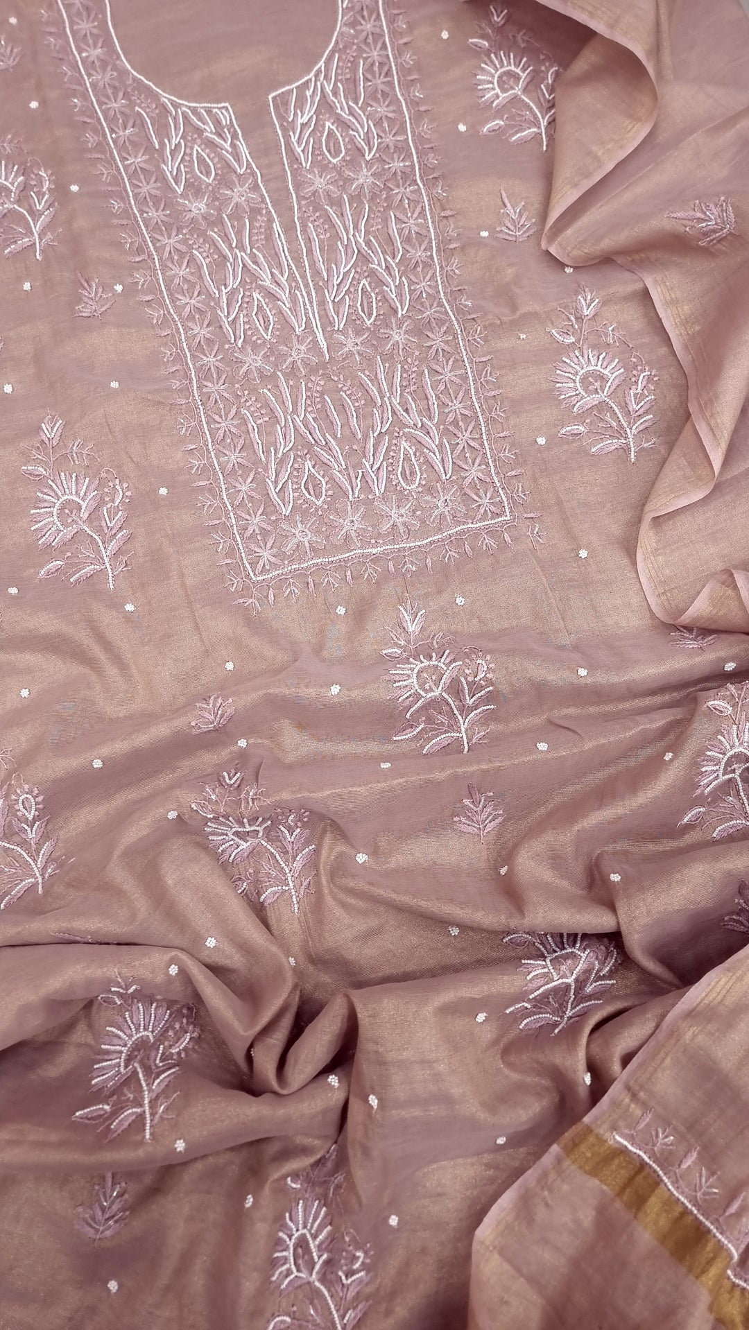 Soft Tissue Chikankari Unstitched Dress Material | 3 Taar Hand Embroidery with Pearl & Cutdana Work + Golden Border Dupatta