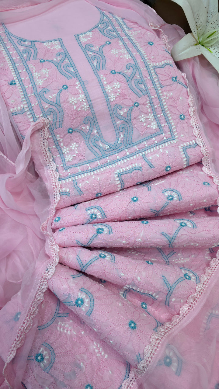 Lucknow Chikankari Hand Embroidered Cotton Dress Material with Tri-Color Motifs & Pure Chiffon Dupatta