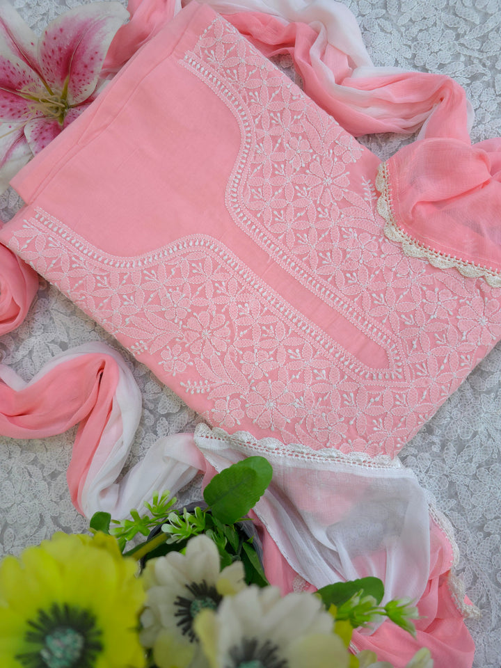 Handmade Jaali Chikankari Cotton Dress Material with Chiffon Dupatta | Authentic Lucknow Hand Embroidery | Unstitched Suit Set