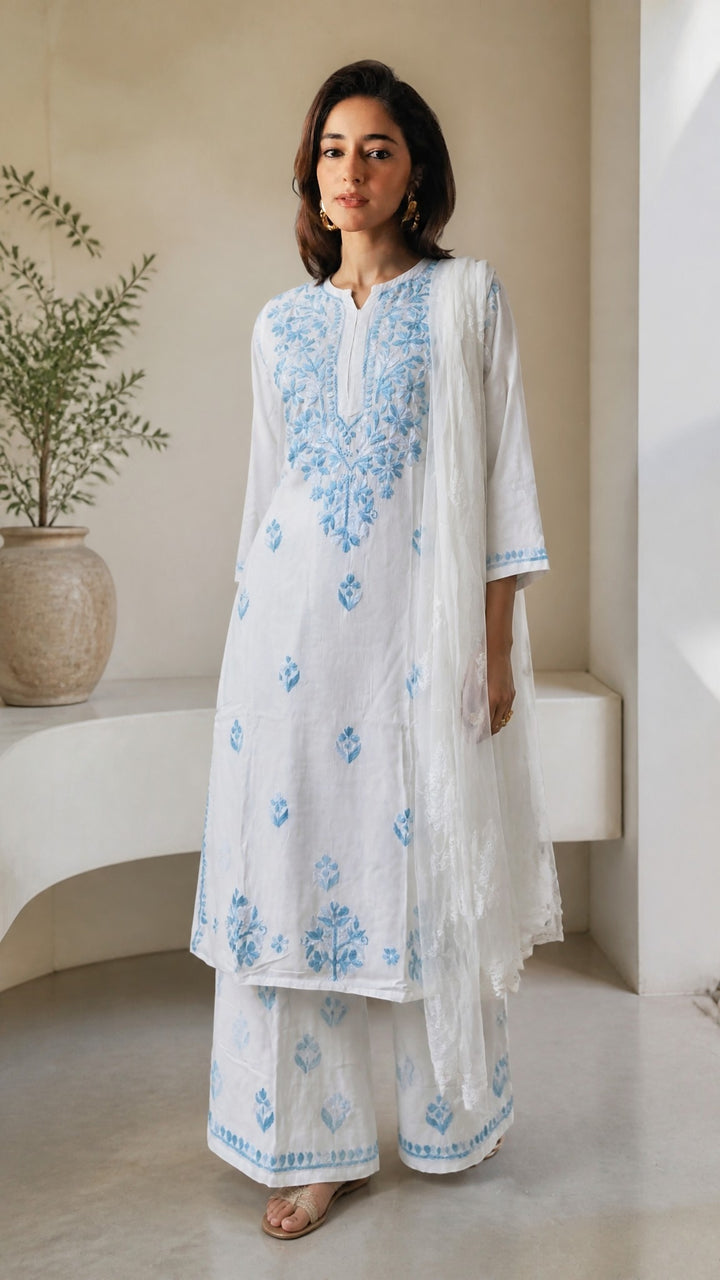 Ananya Rayon Colored Thread Chikankari Kurta Palazzo Dupatta Set | Lucknow Hand Embroidery | Paridhan Chikan