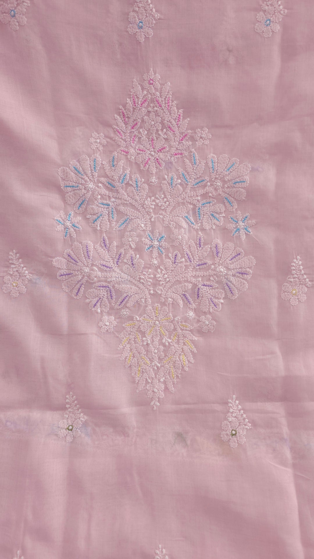Cotton Resham Neckline chikankari dress material- Baby Pink