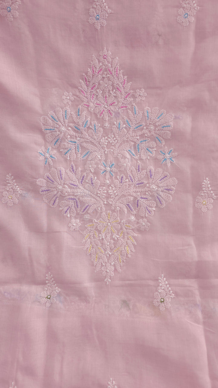Cotton Resham Neckline chikankari dress material- Baby Pink