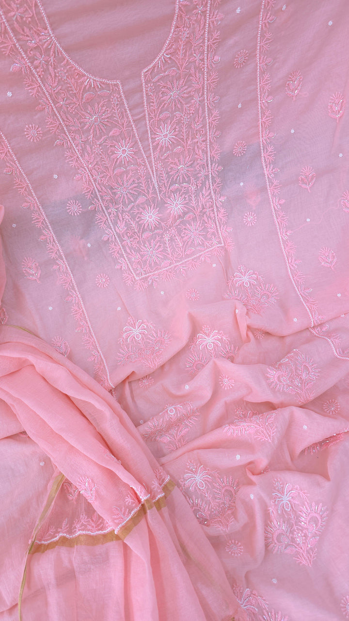 Premium Mul Chanderi Supersoft Dyeable Chikankari Dress Material | Hand Embroidered with Pearls & Cutdaana | Kurta & Dupatta Set