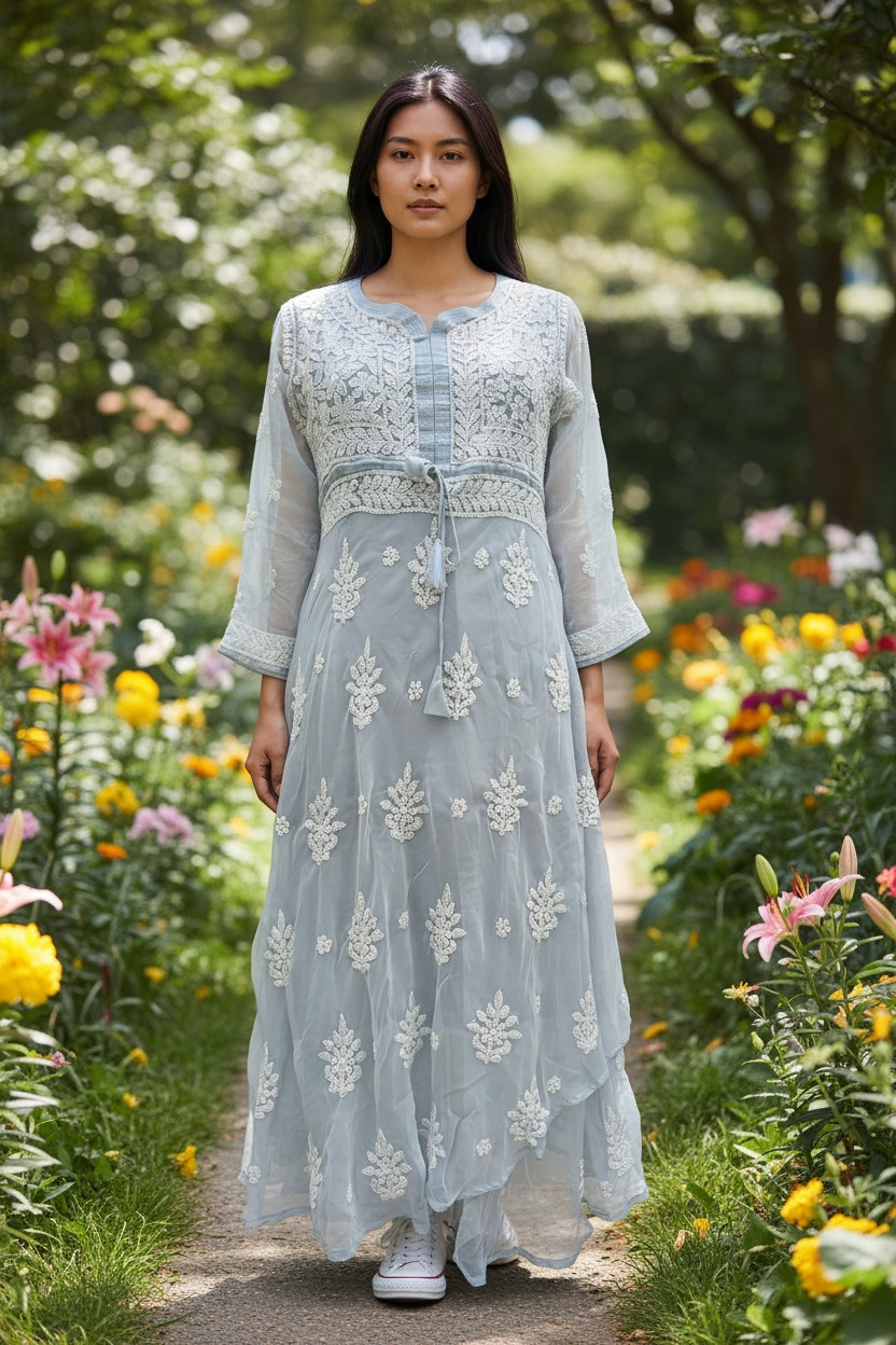 Georgette Lucknowi Chikankari 50" Long gown style Kurti | 100% Hand Embroidered| No Shrinkage