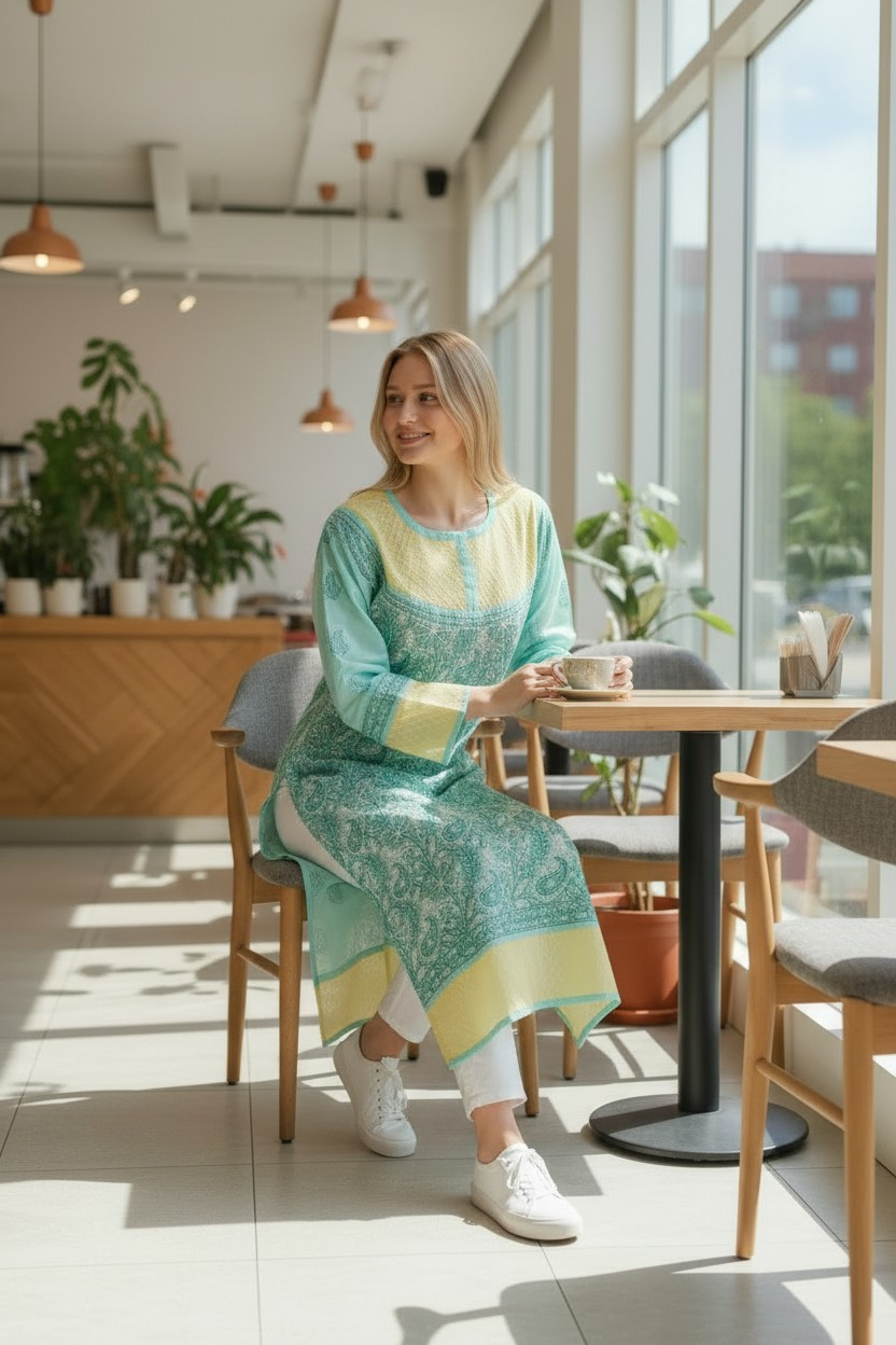 Cotton Chikankari Hand Embroidered Kurti for Women | Premium  | 48 Inch approx Length | Lucknowi Chikan Kurta