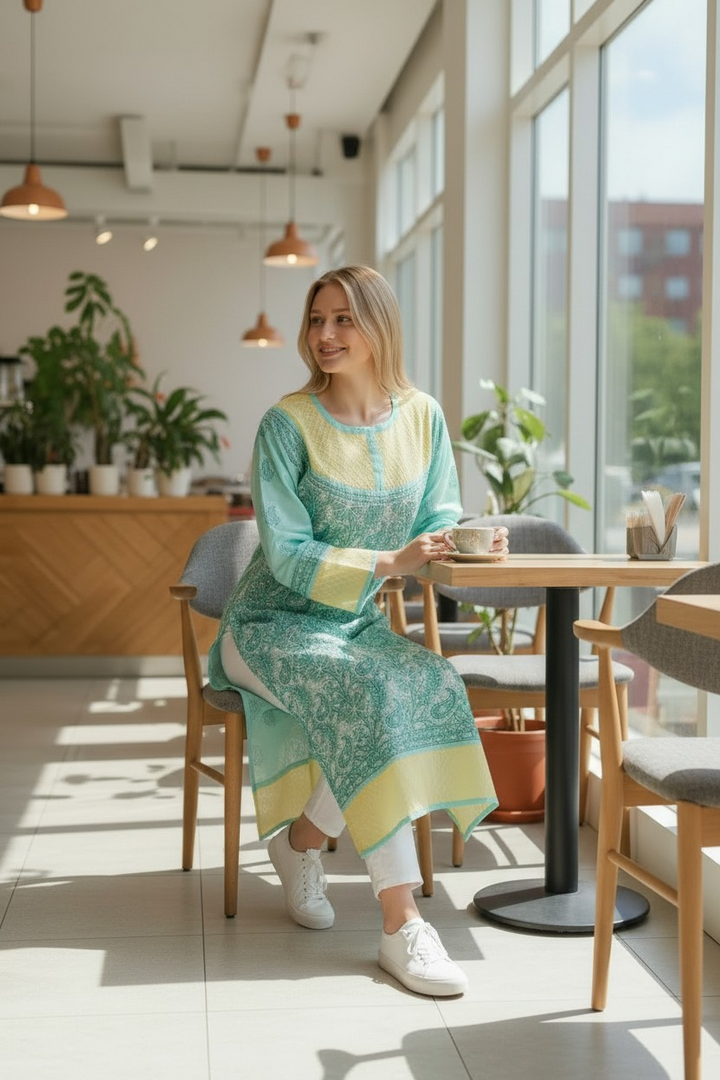 Cotton Chikankari Hand Embroidered Kurti for Women | Premium  | 48 Inch approx Length | Lucknowi Chikan Kurta